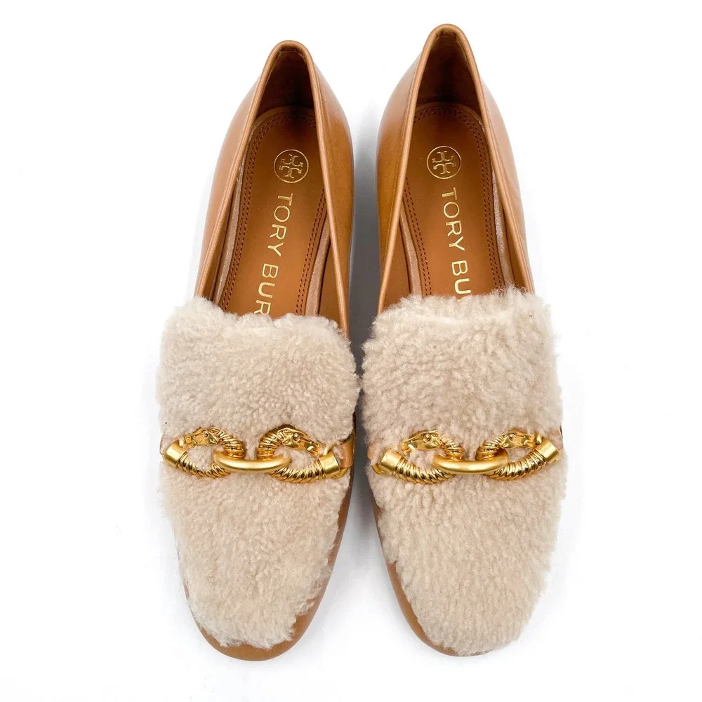 Tory Burch Jessa Shearling Loafers‎ Caramel Tan Leather Horsebit Sz 6.5